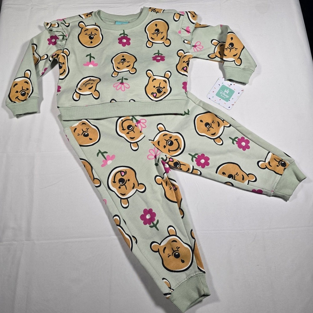 Disney Baby Winnie the Pooh 12M Sweatshirt Outfit Set Sage Green Floral cottage